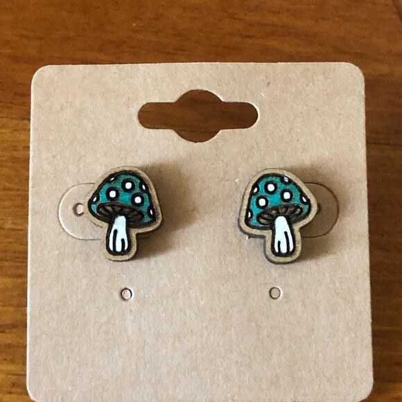 Hand Painted Green Mushroom Stud Earrings Hypoallergenic Lightweight Posts - Picture 3 of 4